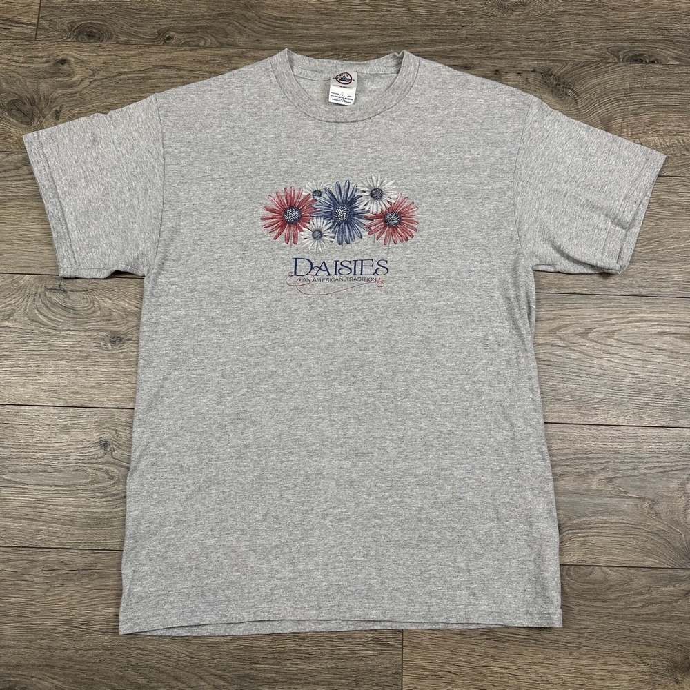 Vintage Daisies Flowers Shirt Adult Medium Gray Floral Logo Shirt Red White Blue